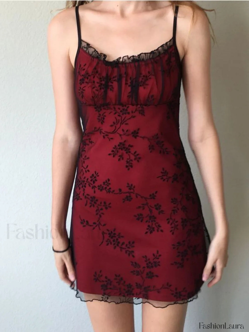 Floral Mesh Paneled Mini Dress Red / S Mini Dresses