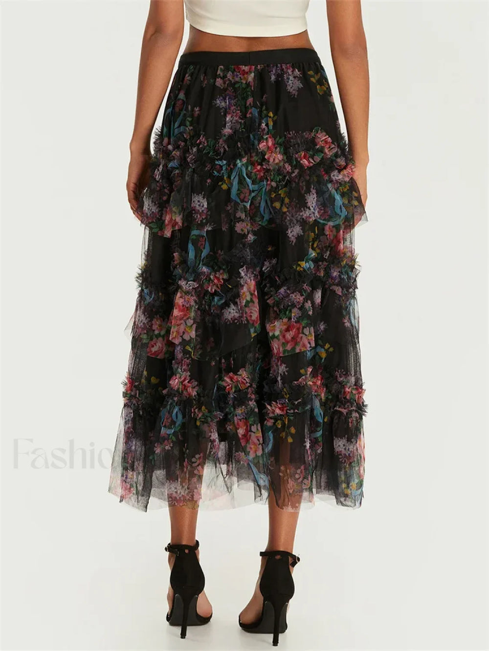 Floral Mesh Tiered Tulle Skirt