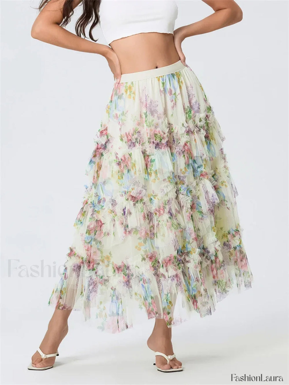 Floral Mesh Tutu Flowy Long Skirt WHITE / S
