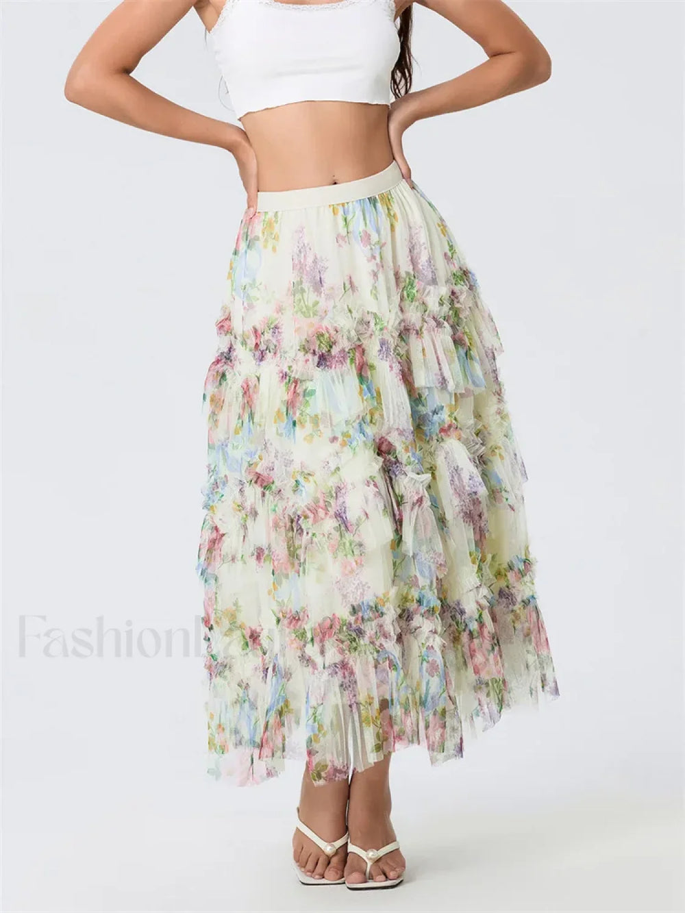 Floral Mesh Tutu Flowy Long Skirt