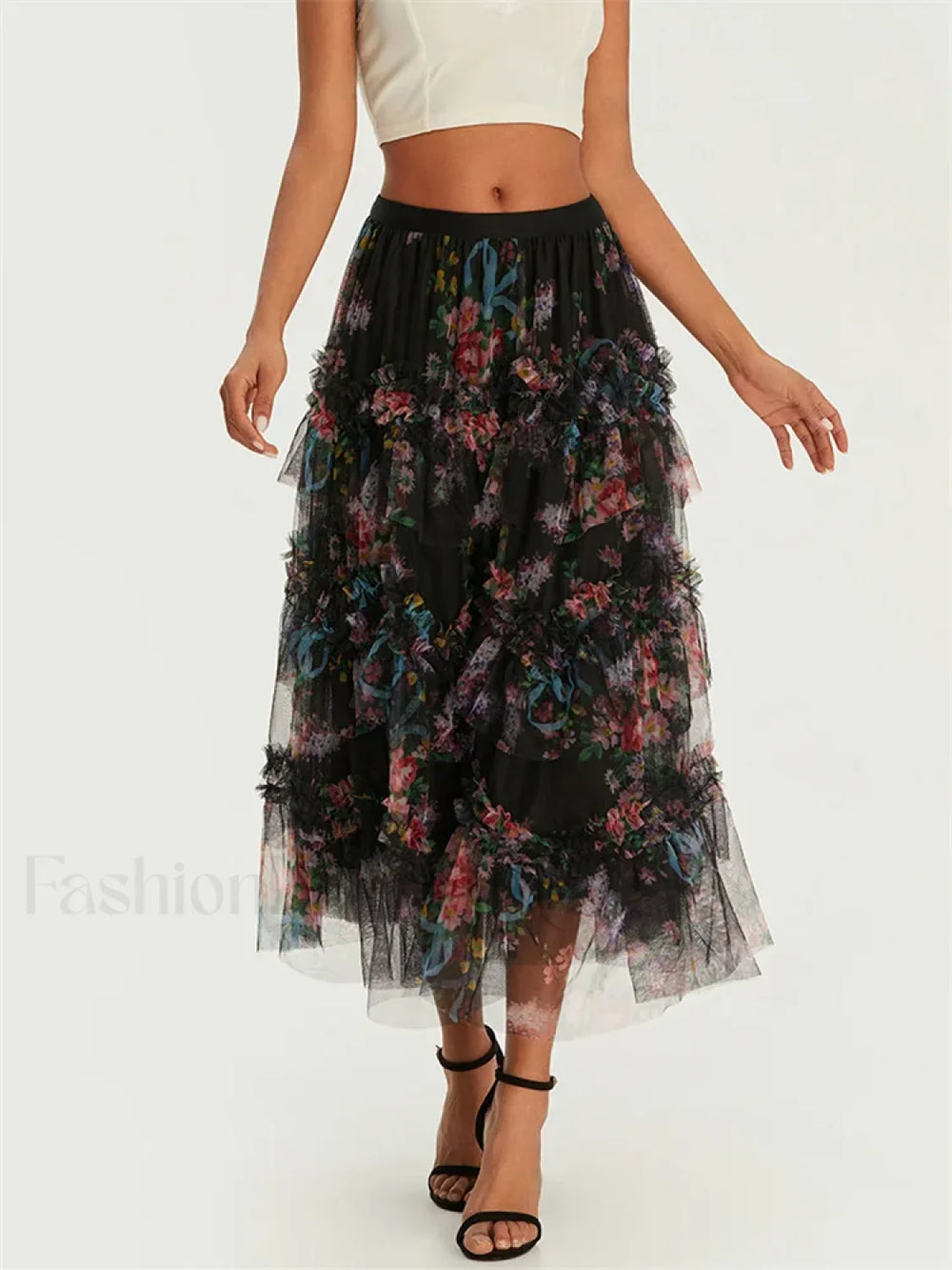 Floral Mesh Tutu Flowy Long Skirt