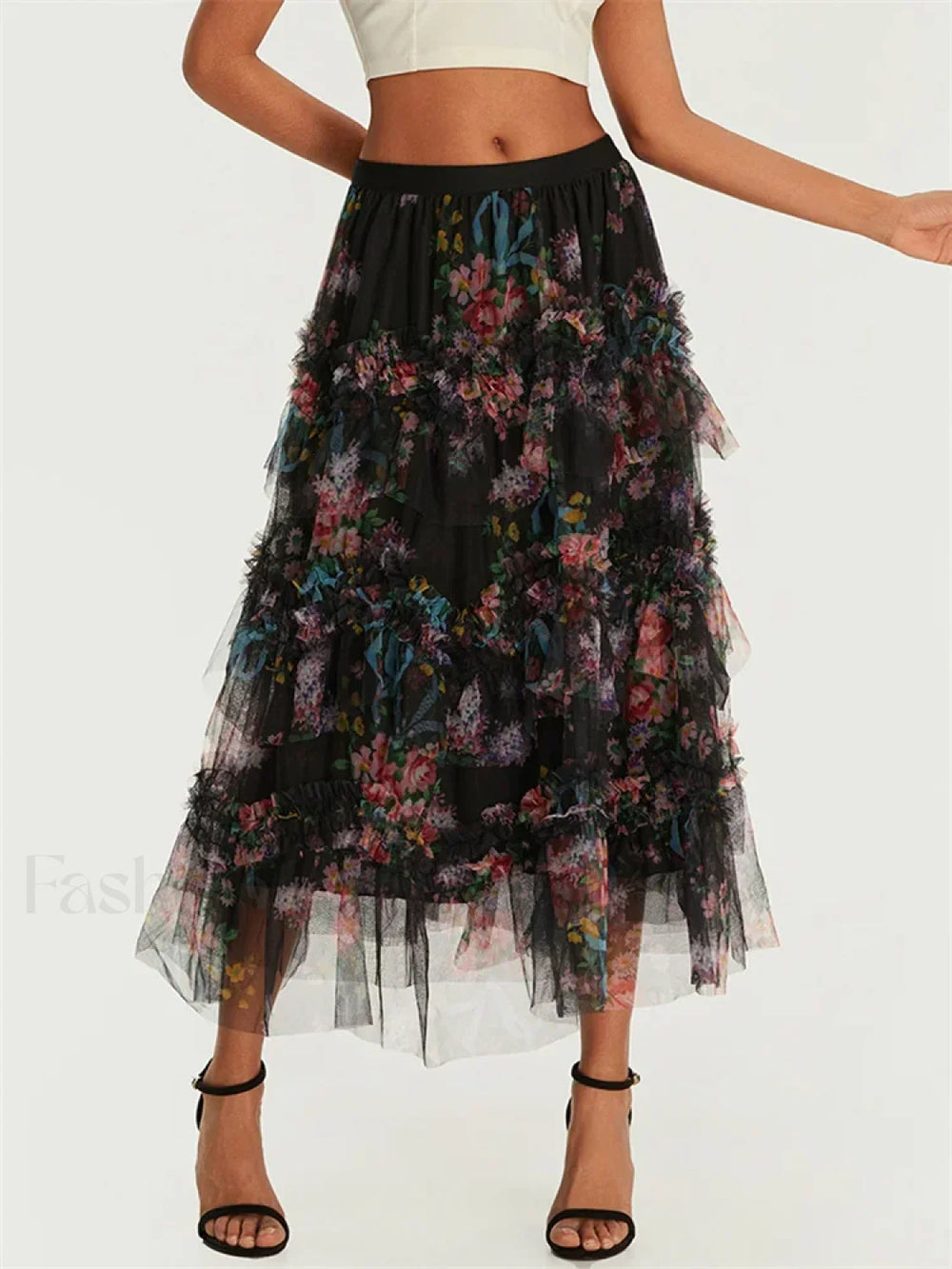 Floral Mesh Tutu Flowy Long Skirt BLACK / S