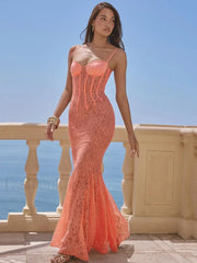 Floral Orange Spaghetti Maxi Dress