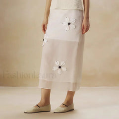 Floral Organza Back Slit Cotton Skirt