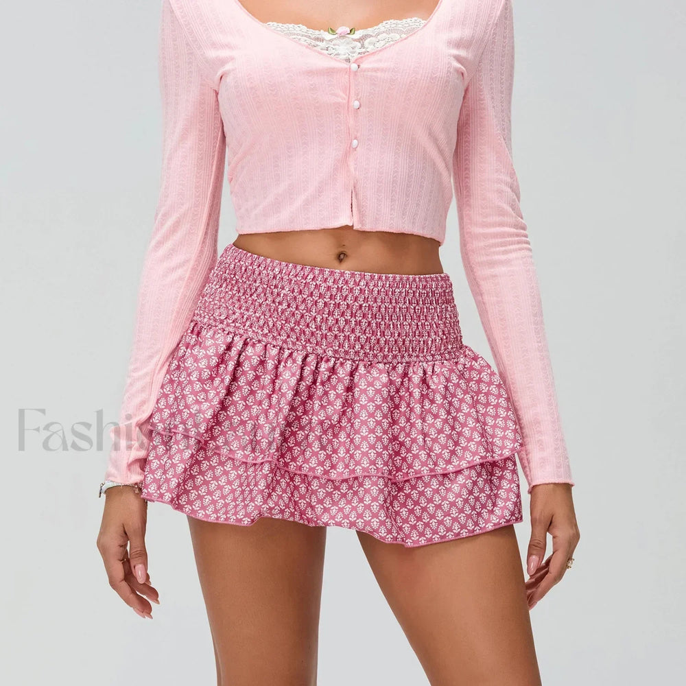 Floral Pleated Bohemian Mini Skirt PINK / S