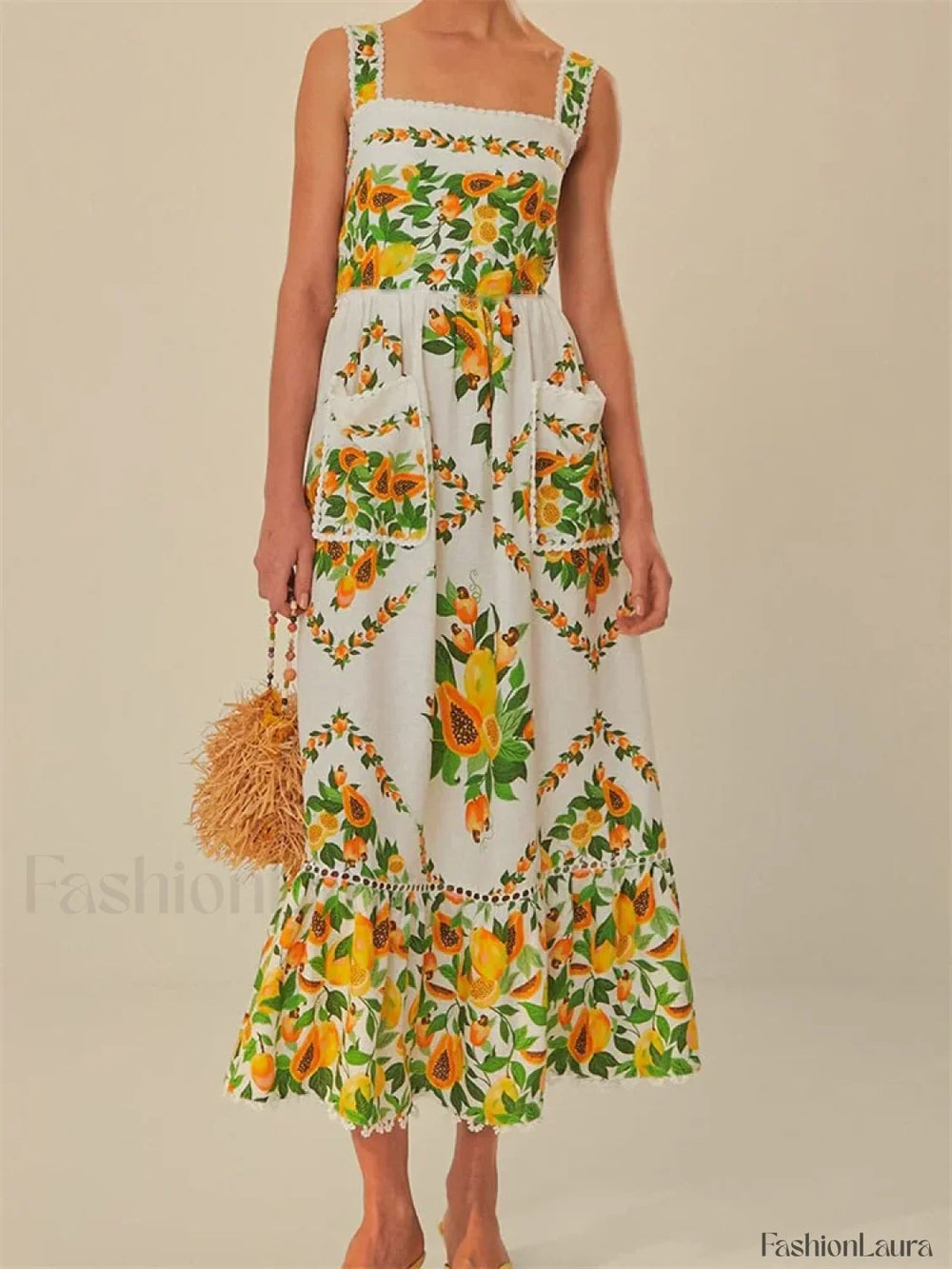 Floral Pocket Square Neck Maxi Dress green / S