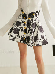 Floral Print Button Detail Skirt BlackandWhite / XS Skirts