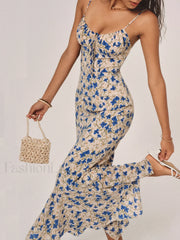 Floral Print Knotted Irregular Hem Long Dress Blue / XS Dresses