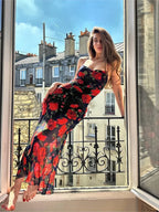 Floral Print Package Hip Bodycon Backless Slim Floral Dress red. / S