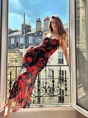 Floral Print Package Hip Bodycon Backless Slim Floral Dress red. / S