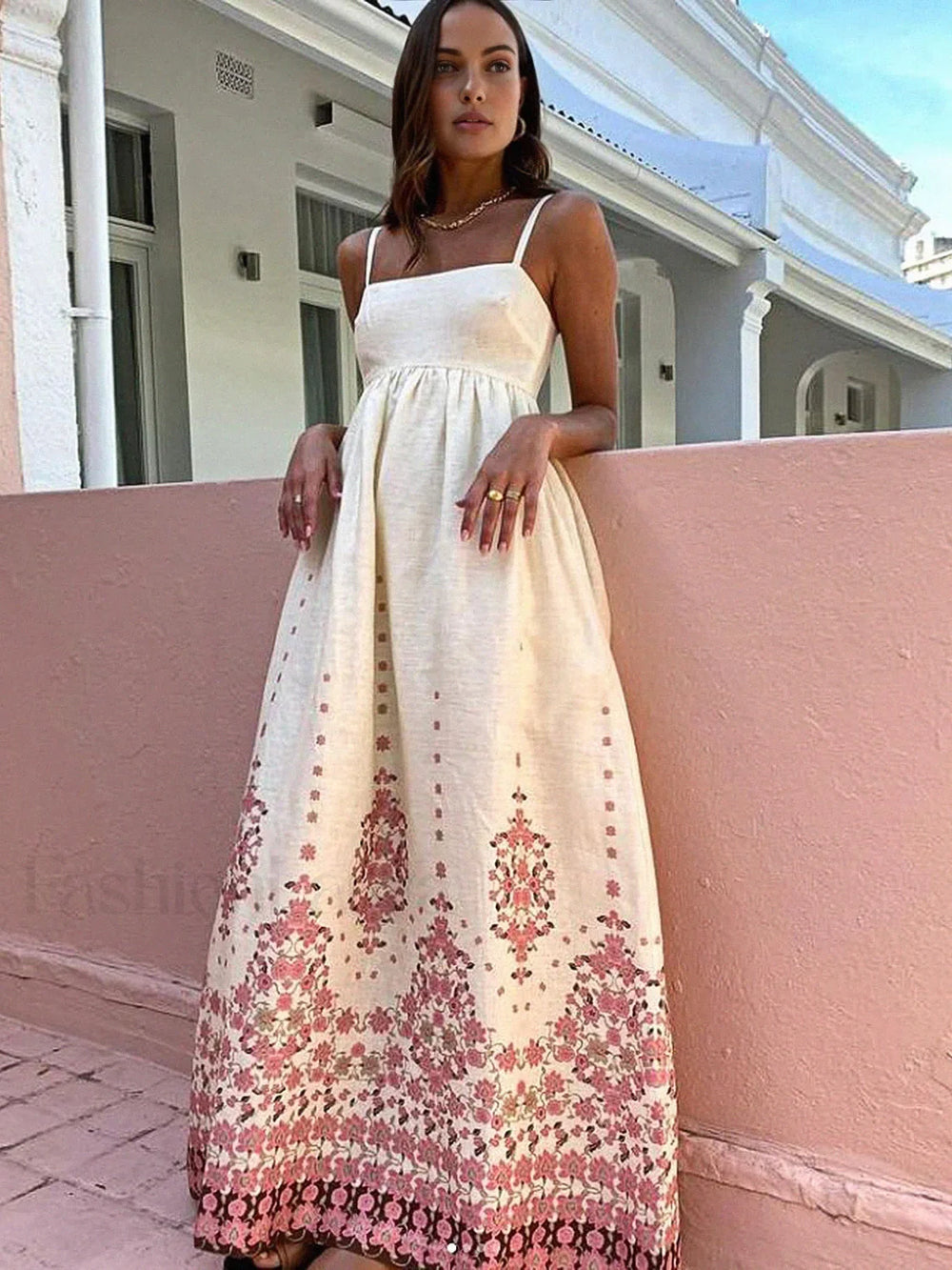Floral Print Spaghetti Strap Long Dress Off White / XS Dresses