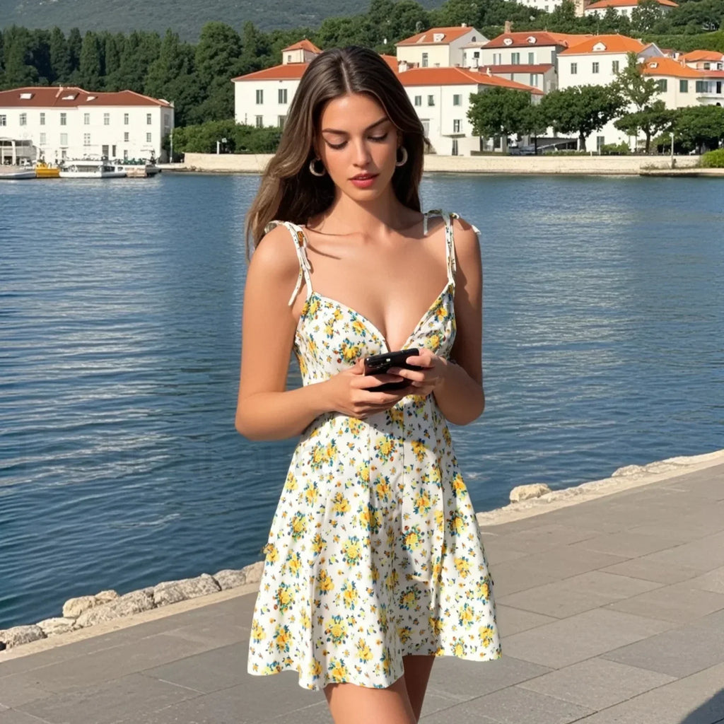 Floral Print Tie Shoulder Spaghetti Strap Mini Floral Dress Yellow / XS