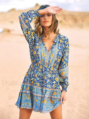 Floral Printed Sleeve Boho Dress blue Short dress / S
