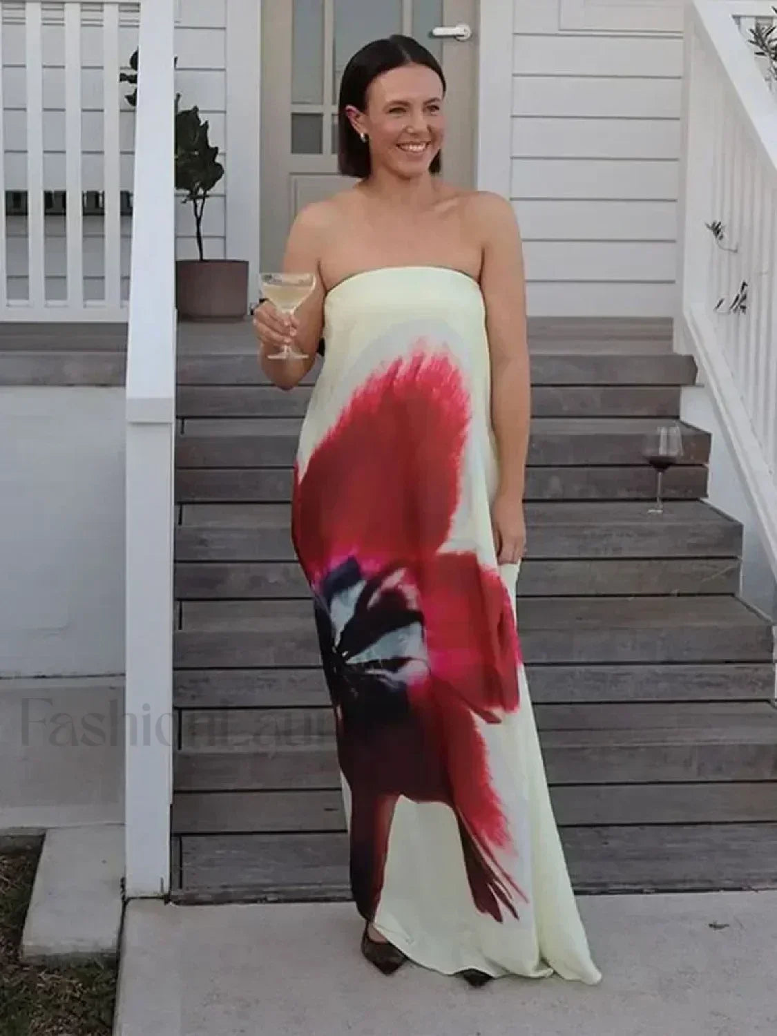 Floral Printed Strapless Off Shoulder Backless Maxi Floral Dress Red / S