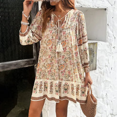 Floral Printed Tassel Boho Dress Apricot / S