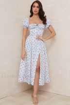 Floral Puff Sleeve Charming Boho Midi Dress