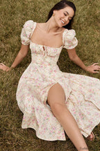 Floral Puff Sleeve Charming Boho Midi Dress