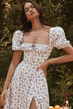 Floral Puff Sleeve Charming Boho Midi Dress