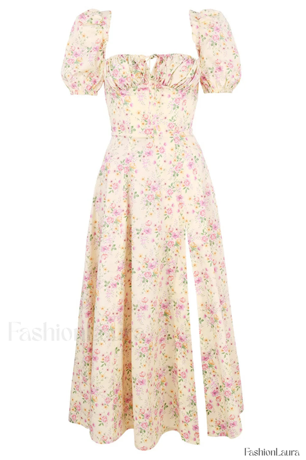 Floral Puff Sleeve Charming Boho Midi Dress S / Floral