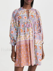 Floral Puff Sleeve Shirt Boho Dress red / S