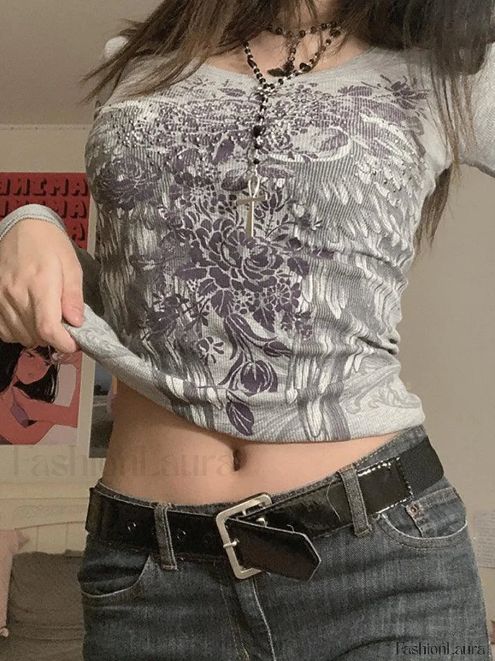 Floral Rhinestone Long Sleeve Crop Top Tops&Tees