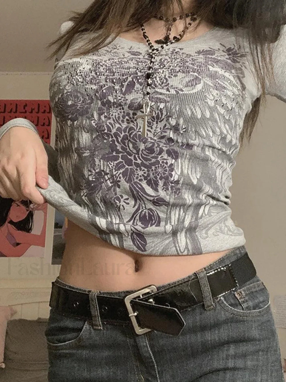 Floral Rhinestone Long Sleeve Crop Top Tops&Tees