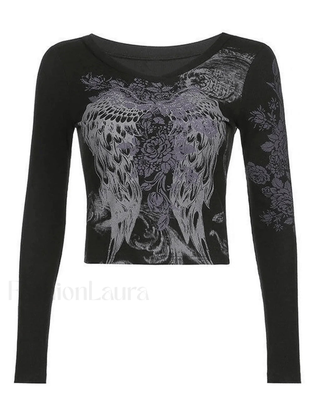 Floral Rhinestone Long Sleeve Crop Top Tops&Tees