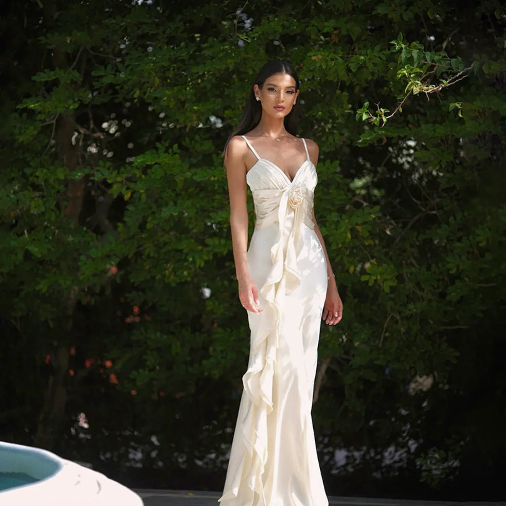 Floral Ribbon Satin Slim Fit Strappy Maxi Dress Light Apricot / S