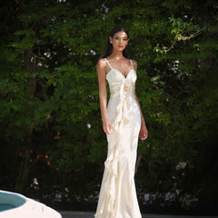 Floral Ribbon Satin Slim Fit Strappy Maxi Dress Light Apricot / S