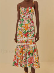 Floral Ruched Button Strap Maxi Dress orange2 / S