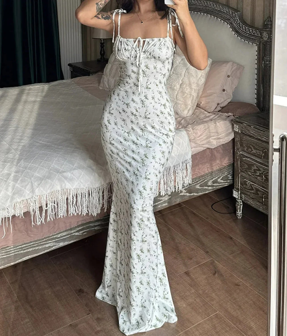 Floral Ruffle Lace Up Maxi Dress