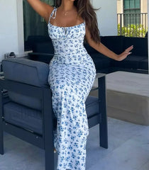 Floral Ruffle Lace Up Maxi Dress