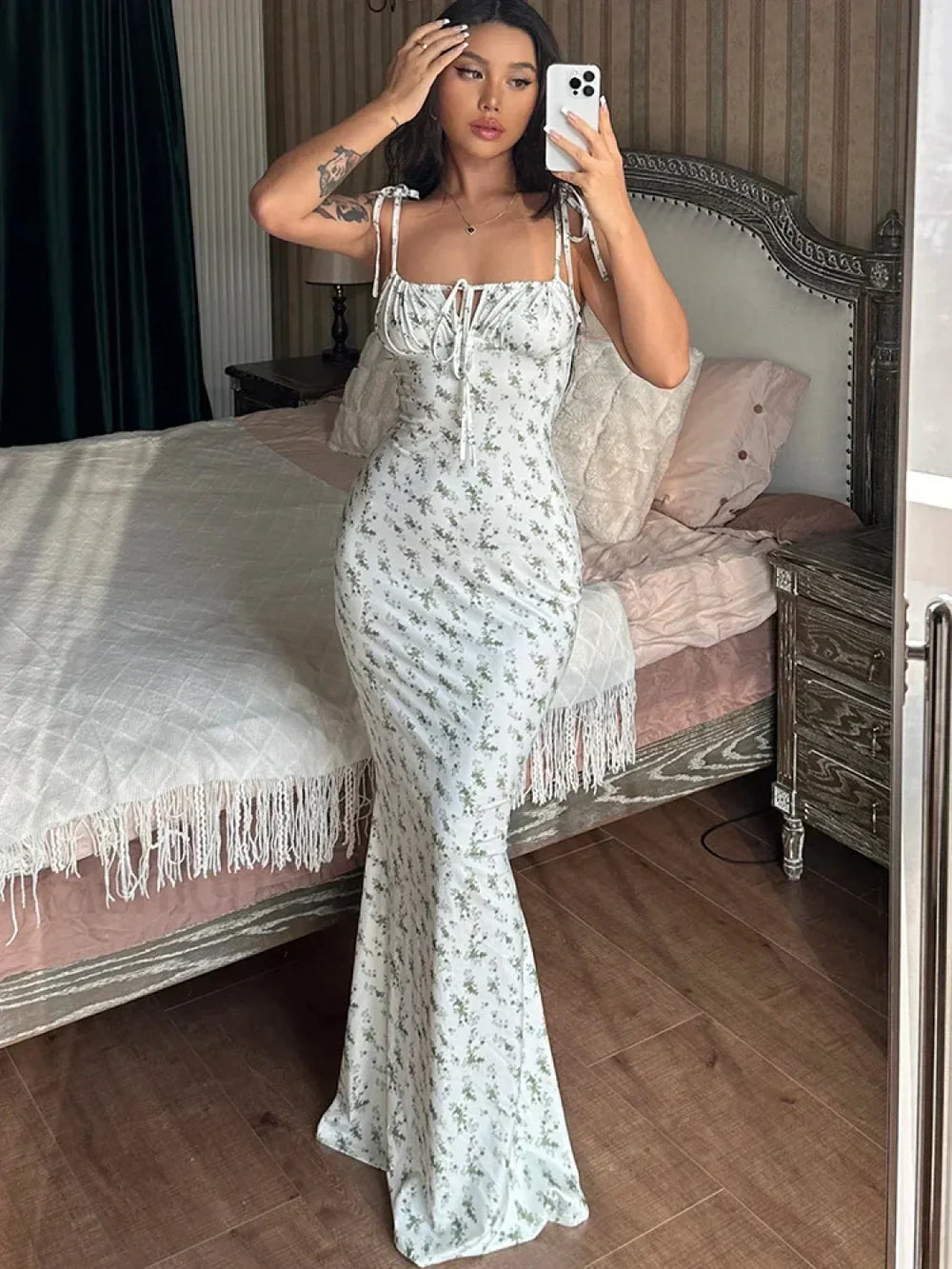 Floral Ruffle Lace Up Maxi Dress Green / XS