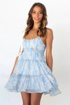 Floral Ruffled Stylish Mini Dress S / Blue