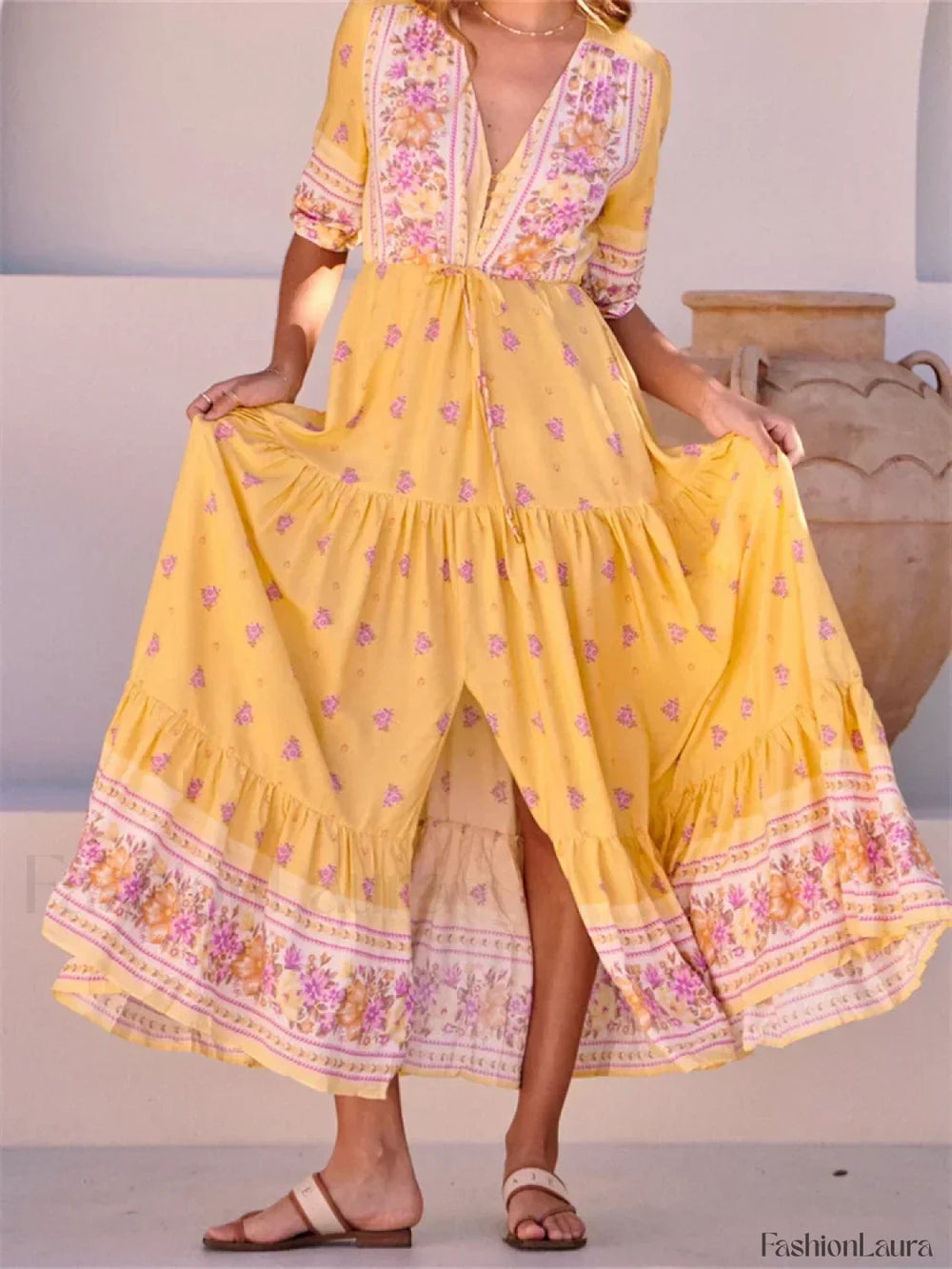 Floral Split Deep V Maxi Dress yellow / S