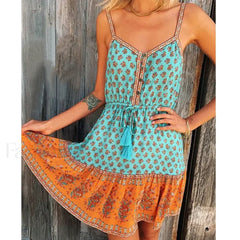 Floral Strappy Mini Boho Dress Turquoise / S