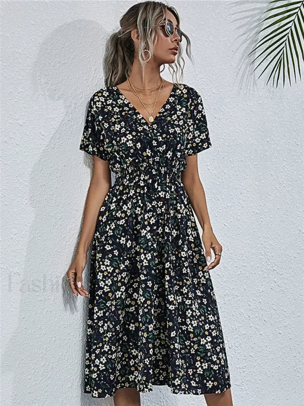 Floral Summer Long Sleeve Chic Holiday Midi Dress BLACK / S