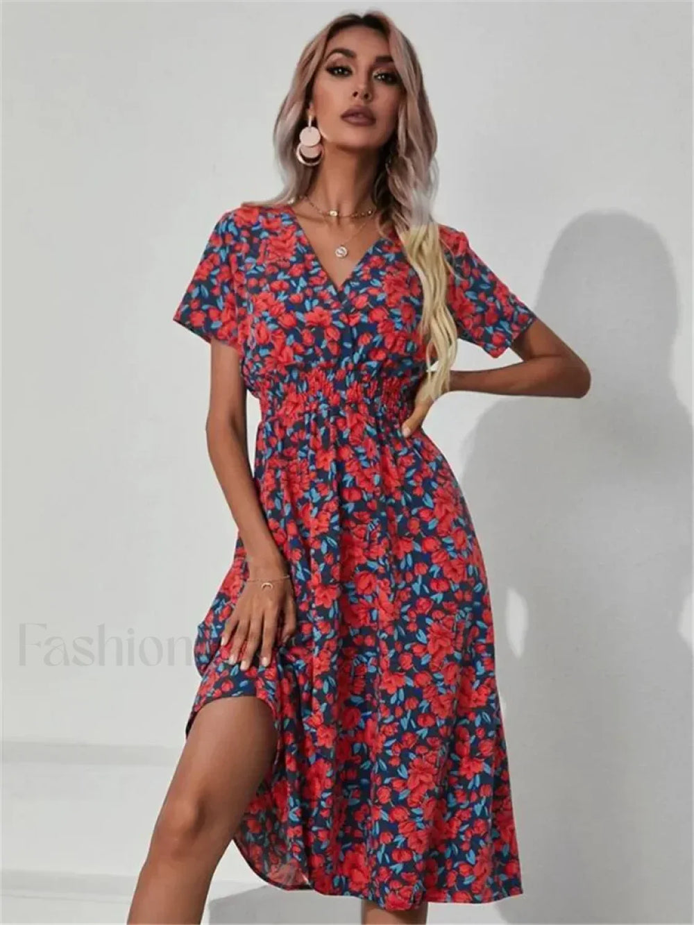 Floral Summer Long Sleeve Chic Holiday Midi Dress Coral / S