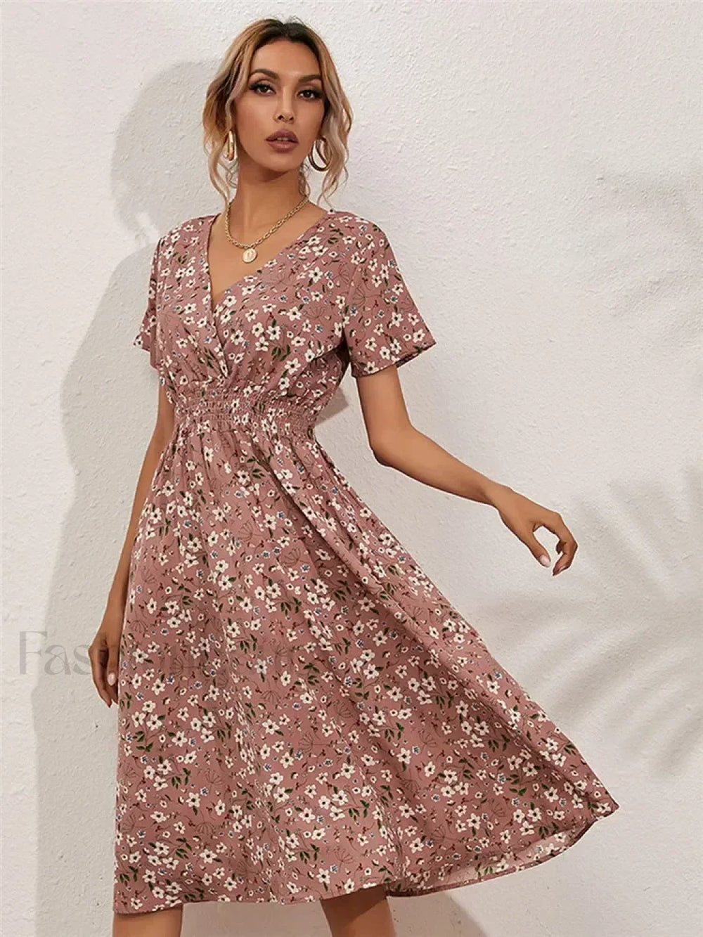 Floral Summer Long Sleeve Chic Holiday Midi Dress PINK / S