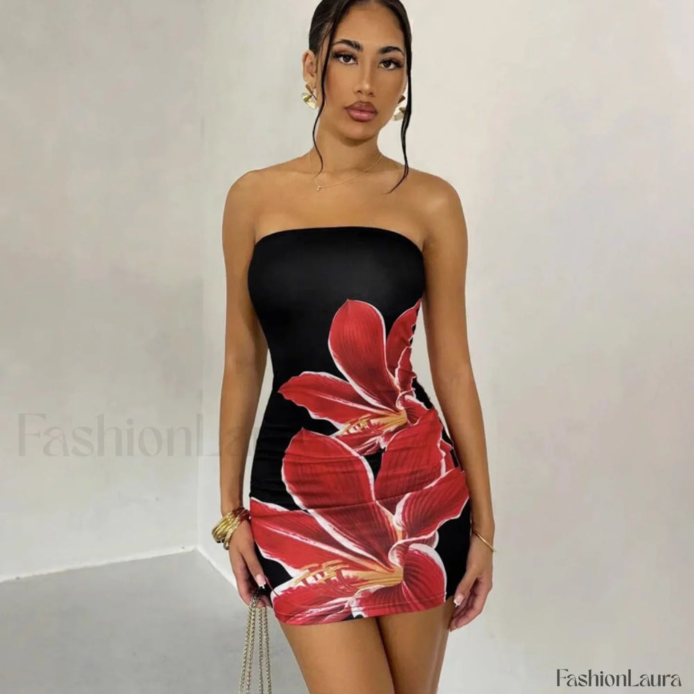 Floral Tube Top Waist Slim Beach Mini Dress Black / S