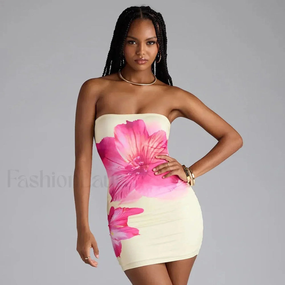 Floral Tube Top Waist Slim Beach Mini Dress Pink / S