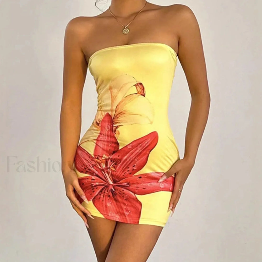 Floral Tube Top Waist Slim Beach Mini Dress Yellow / S