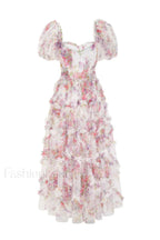 Floral Tulle Puff Sleeve Graceful Bow Tie Maxi Dress