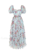 Floral Tulle Puff Sleeve Graceful Bow Tie Maxi Dress