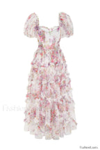 Floral Tulle Puff Sleeve Graceful Bow Tie Maxi Dress