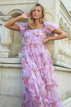 Floral Tulle Puff Sleeve Graceful Bow Tie Maxi Dress