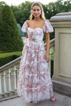 Floral Tulle Puff Sleeve Graceful Bow Tie Maxi Dress