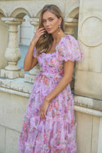 Floral Tulle Puff Sleeve Graceful Bow Tie Maxi Dress