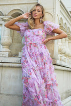 Floral Tulle Puff Sleeve Graceful Bow Tie Maxi Dress