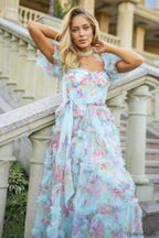 Floral Tulle Puff Sleeve Graceful Bow Tie Maxi Dress